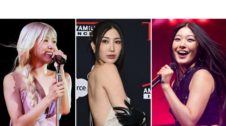 This combination of photos show Rosé performing at the Global Citizen Festival in New York on Sept. 27, 2025, left, Ejae, from "KPop Demon Hunters," at the A Year in TIME honors gala in New York on Dec. 10, 2025, center, and Yoonchae, of KATSEYE, performing in Inglewood, Calif., on Dec. 12, 2025. (AP Photo)