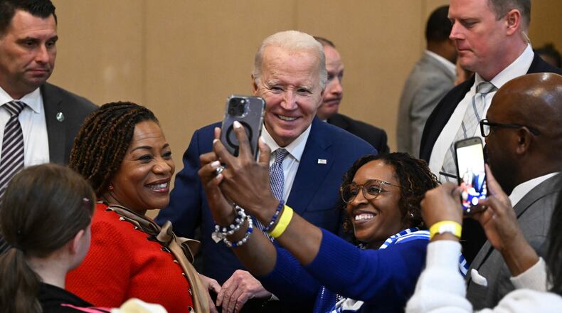 President Joe Biden takes photos with attendees after speaking at Brookland Baptist Church’s banquet and conference center last week West Columbia, South Carolina. In 2020, one out of every two voters in South Carolina’s Democratic primary was Black or nonwhite, so the state is seen as a way to test Biden's strengths and weaknesses with Black voters there and in other Southern states. (Kenny Holston/The New York Times)