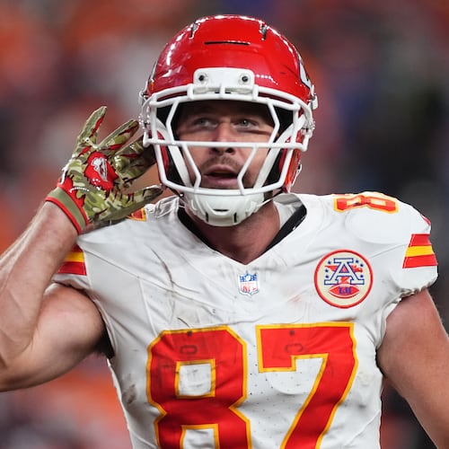 Kansas City Chiefs tight end Travis Kelce celebrates after scoring during the second half an NFL football game against the Denver Broncos Sunday, Nov. 16, 2025, in Denver. (AP Photo/David Zalubowski)
