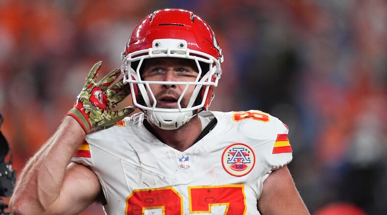 Kansas City Chiefs tight end Travis Kelce celebrates after scoring during the second half an NFL football game against the Denver Broncos Sunday, Nov. 16, 2025, in Denver. (AP Photo/David Zalubowski)
