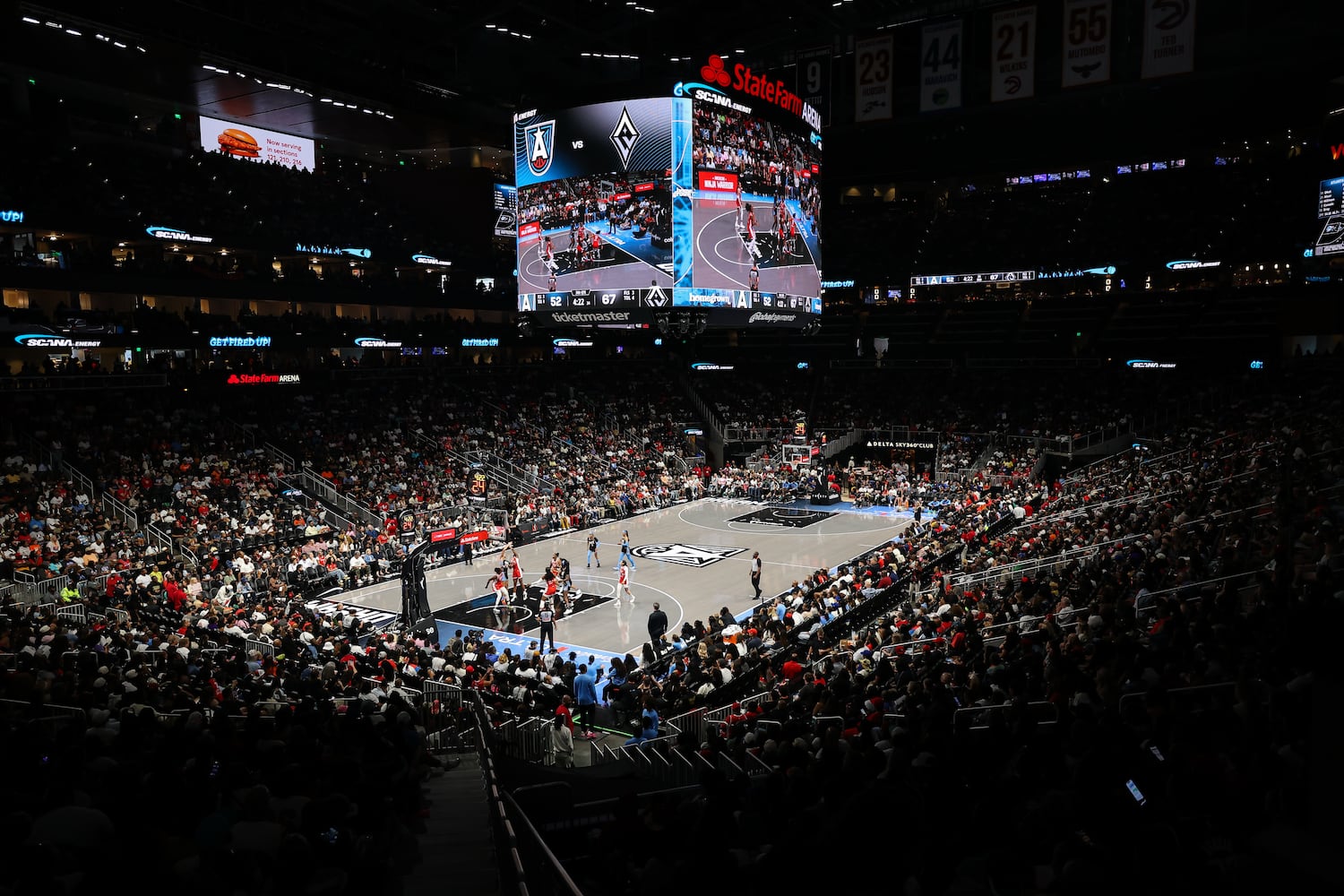 A general view of the the arena during the second half of a WNBA game between the Atlanta Dream and Las Vegas Aces at State Farm Arena on Sunday, May 17, 2026, in Atlanta. (Colin Hubbard for the AJC) 