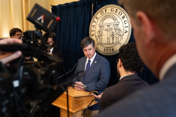 Sen. Matt Brass, R-Newnan, talks with journalists after the Senate passed a data center bill during Crossover Day at the Georgia Legislature in Atlanta on Friday, March 6, 2026. (Ben Gray for the AJC)
