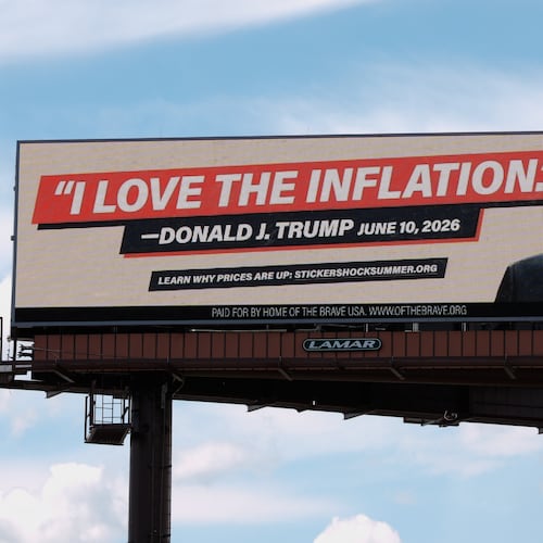 An electronic billboard with an image of President Donald Trump reads "I love the inflation." - Donald J. Trump June 10, 2026," is seen near I-74 in Cincinnati, Tuesday, June 16, 2026. (AP Photo/Carolyn Kaster)