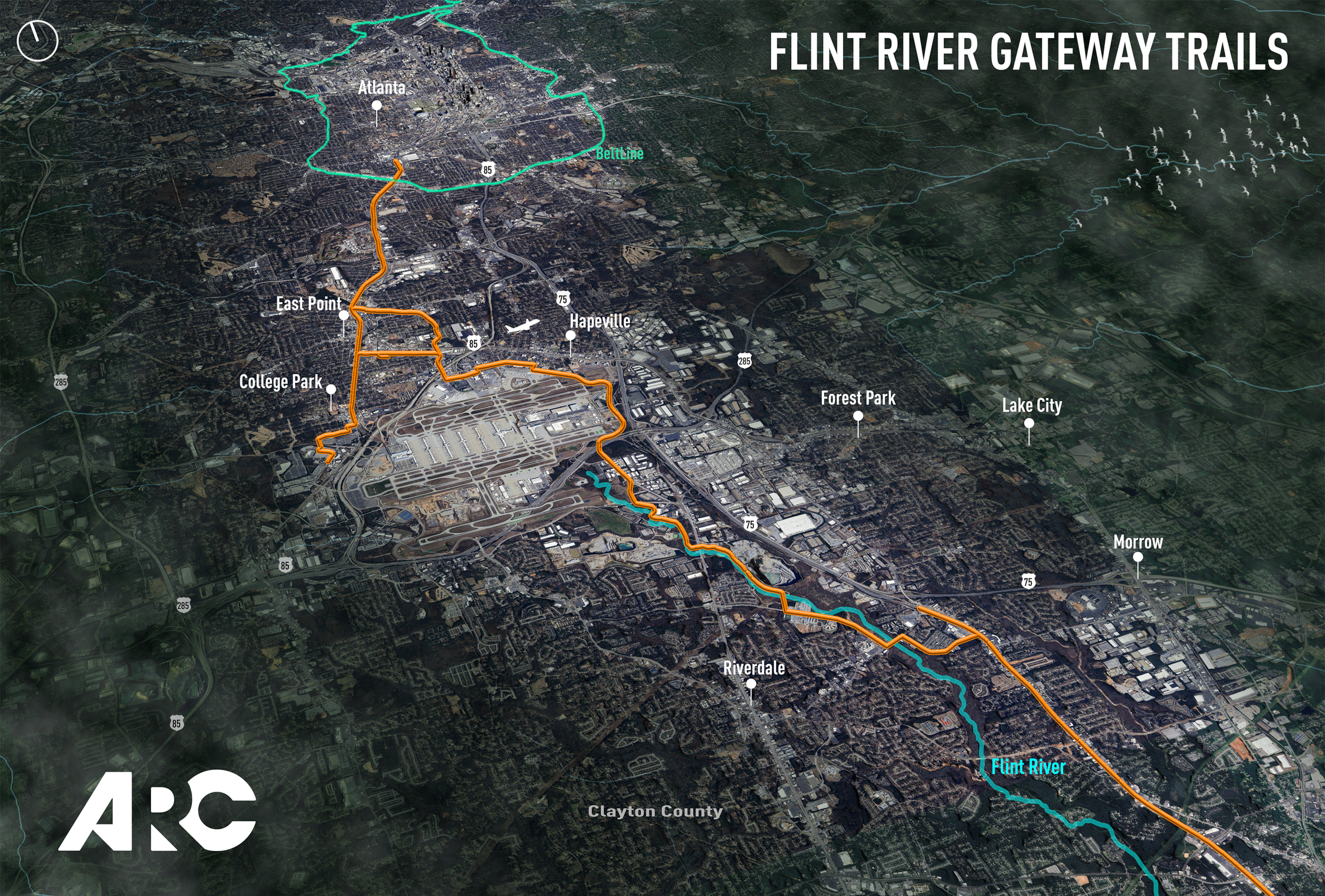 A map of the proposed Flint River Gateway Trails system. The Atlanta Regional Commission says it is committed to making the plan a reality, despite losing nearly $65 million in federal funding. (Courtesy of the Atlanta Regional Commission)
