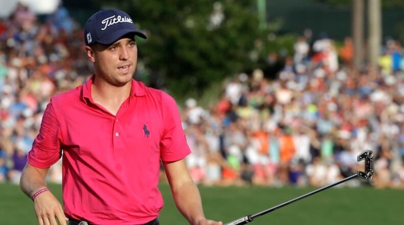 Justin Thomas celebrates after the final round of the PGA Championship golf tournament at the Quail Hollow Club Sunday, Aug. 13, 2017, in Charlotte, N.C. (AP Photo/Chris O'Meara)