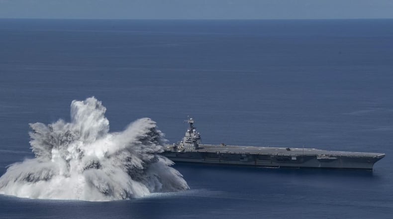 The Navy blasted its newest carrier with thousands of pounds of explosives in the Atlantic Ocean on Friday to simulate how the ship would perform in battle conditions, according to images released by the service and government earthquake monitors. (Image: U.S. Navy)