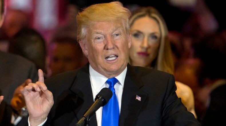 Republican presidential candidate Donald Trump speaks during a primary night news conference, Tuesday, May 3, 2016, in New York. (AP Photo/Mary Altaffer)