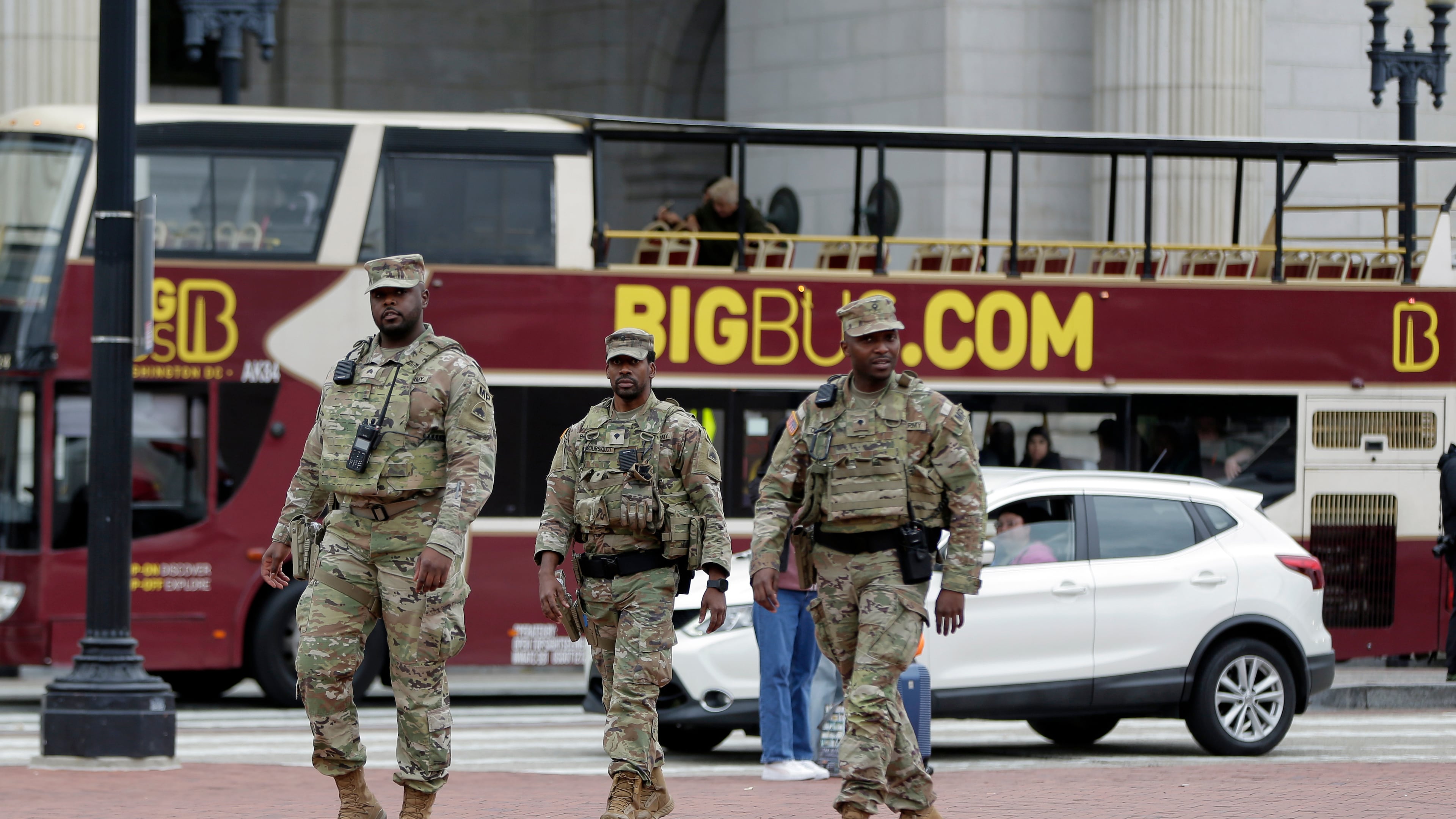 National Guard soldiers patrol at Union Station, Tuesday, Oct. 28, 2025, in Washington. (AP Photo/Rahmat Gul)