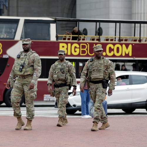 National Guard soldiers patrol at Union Station, Tuesday, Oct. 28, 2025, in Washington. (AP Photo/Rahmat Gul)