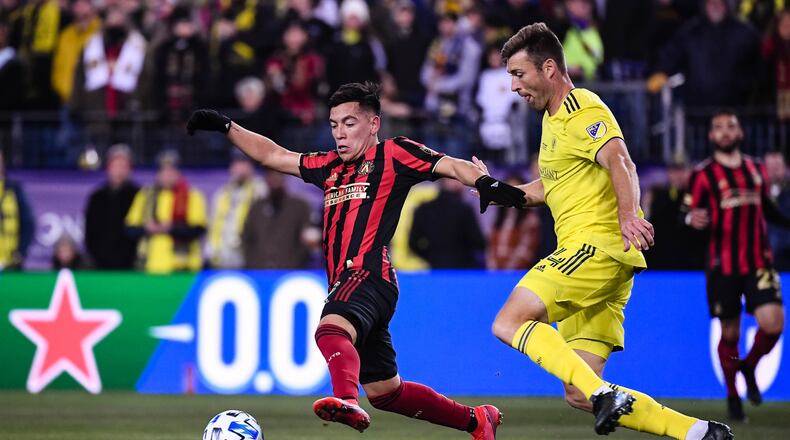 Atlanta United midfielder Ezequiel Barco #8 battles for the ball during the first half of the 2020 MLS season opener between Atlanta United FC and Nashville SC at Nissan Stadium in Nashville, Tennessee, on Saturday February 29, 2020. (Photo by Jacob Gonzalez/Atlanta United)