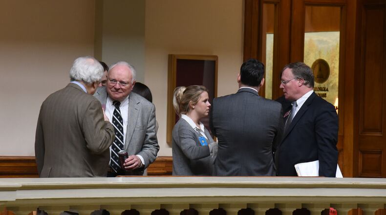 February 24, 2016 Atlanta - Lobbyists in the hallway outside the house chamber on Wednesday, February 24, 2016. HYOSUB SHIN / HSHIN@AJC.COM