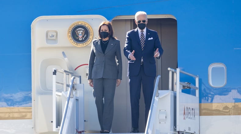 President Joe Biden and Vice President Kamala Harris depart Air Force One in Atlanta oon Thursday ahead of a speech on voting rights. (Nathan Posner for The Atlanta Journal-Constitution)