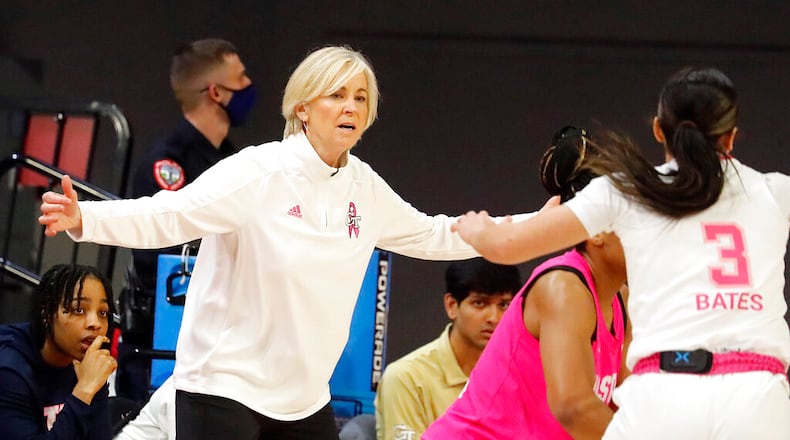 Georgia Tech head coach Nell Fortner watches from the sidelines during the first half of an NCAA college basketball game against North Carolina State, Monday, Feb. 7, 2022, in Raleigh, N.C. (AP Photo/Karl B. DeBlaker)