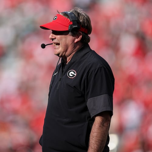 Georgia head coach Kirby Smart reacts during the first half of an NCAA college football game against Charlotte, Saturday, Nov. 22, 2025, in Athens, Ga. (AP Photo/Colin Hubbard)