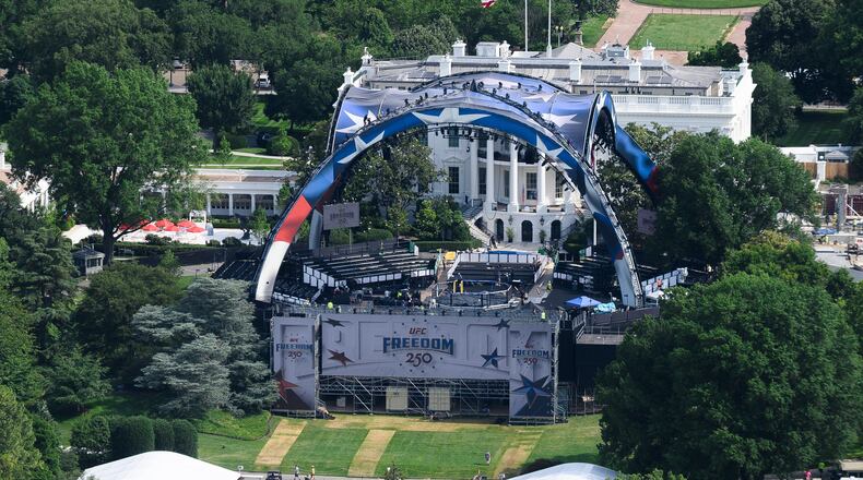 Workers continue building the stage for a future UFC fight on the South Lawn of the White House in Washington, Tuesday, June 9, 2026. (AP Photo/Cliff Owen)