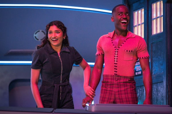 This image released by Disney shows Varada Sethu, left, and Ncuti Gatwa from "Doctor Who" Season 2. (BBC Studios/Disney/Bad Wolf via AP)