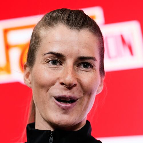 New head coach of German Bundesliga soccer club 1. FC Union Berlin Marie-Louise Eta attends a press conference in Berlin, Germany, Thursday, April 16, 2026. (AP Photo/Ebrahim Noroozi)