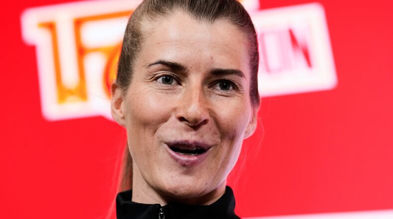 New head coach of German Bundesliga soccer club 1. FC Union Berlin Marie-Louise Eta attends a press conference in Berlin, Germany, Thursday, April 16, 2026. (AP Photo/Ebrahim Noroozi)