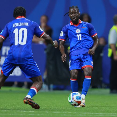 Haiti's Louicius Deedson, right, passes to teammate Jean-Ricner Bellegarde during second half of Morocco vs. Haiti Group C FIFA World Cup match at Atlanta Stadium (Mercedes-Benz Stadium) on Wednesday, June 24, 2026. (Jason Getz/AJC)