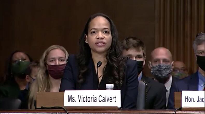 Victoria Marie Calvert, a nominee for U.S. district Judge for the Northern District of Georgia, speaks at a Senate Judiciary Committee nomination hearing on Dec. 1, 2021. (YouTube)