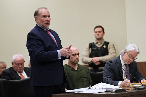 Attorneys for Sean M. Higgins, the driver charged with killing NHL hockey player Johnny Gaudreau and his brother Matthew while they were bicycling, speak at the Salem County, N.J., Courthouse, Tuesday, April 15, 2025, in Salem, N.J. (AP Photo/Matt Rourke)