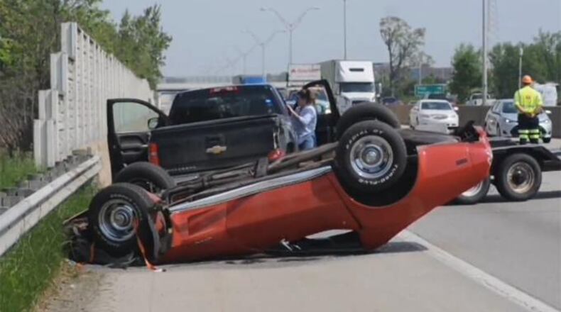 A pickup truck towing a Chevrolet Corvette jackknifed and threw the classic car from a trailer on Interstate 75 south Monday in Harrison Township, Ohio, police said.
