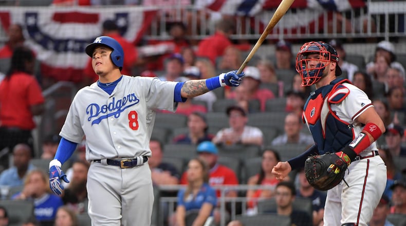 October 8, 2018 - Atlanta: Los Angeles Dodgers shortstop Manny Machado hits a three-run home run in the seventh inning in Game 4 of the NLDS on Monday, Oct. 8, 2018, in Atlanta.