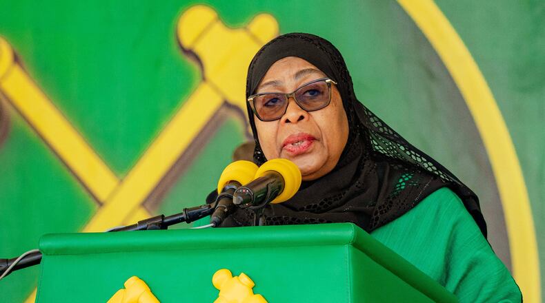FILE - Tanzania's President Samia Suluhu Hassan delivers remarks during a campaign rally in Iringa, Tanzania, Oct. 5, 2025. (AP Photo, File)