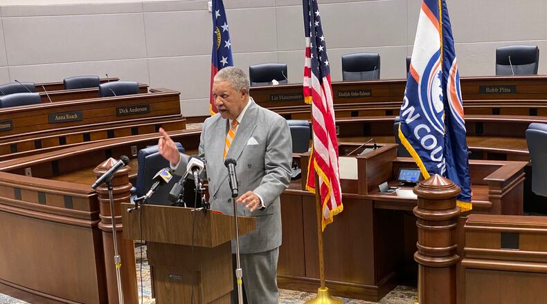 Fulton County Commission Chairman Robb Pitts speaks to members of the press during a news conference regarding a possible state takeover of the county's elections inside Assembly Hall at 141 Pryor St. in downtown Atlanta on Tuesday, July 27, 2021.