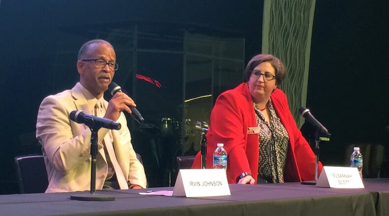 DeKalb County Tax Commissioner Irvin Johnson and attorney Susannah Scott participated in a candidate forum for the tax commissioner’s position at New Life Church on Monday. The third candidate in the race, former DeKalb Commissioner Stan Watson, didn’t attend the forum. MARK NIESSE / MARK.NIESSE@AJC.COM.