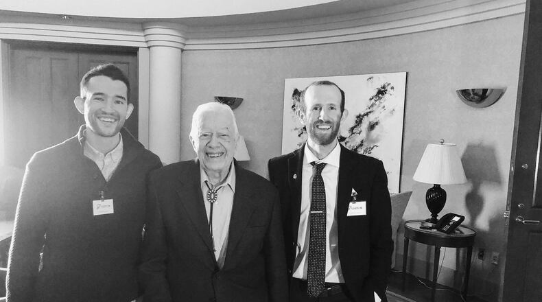 Directors Jim Pattiz (,eft) and Will Pattiz (right meet with Jimmy Carter during the filming of "Carterland." Courtesy: Pattiz brothers