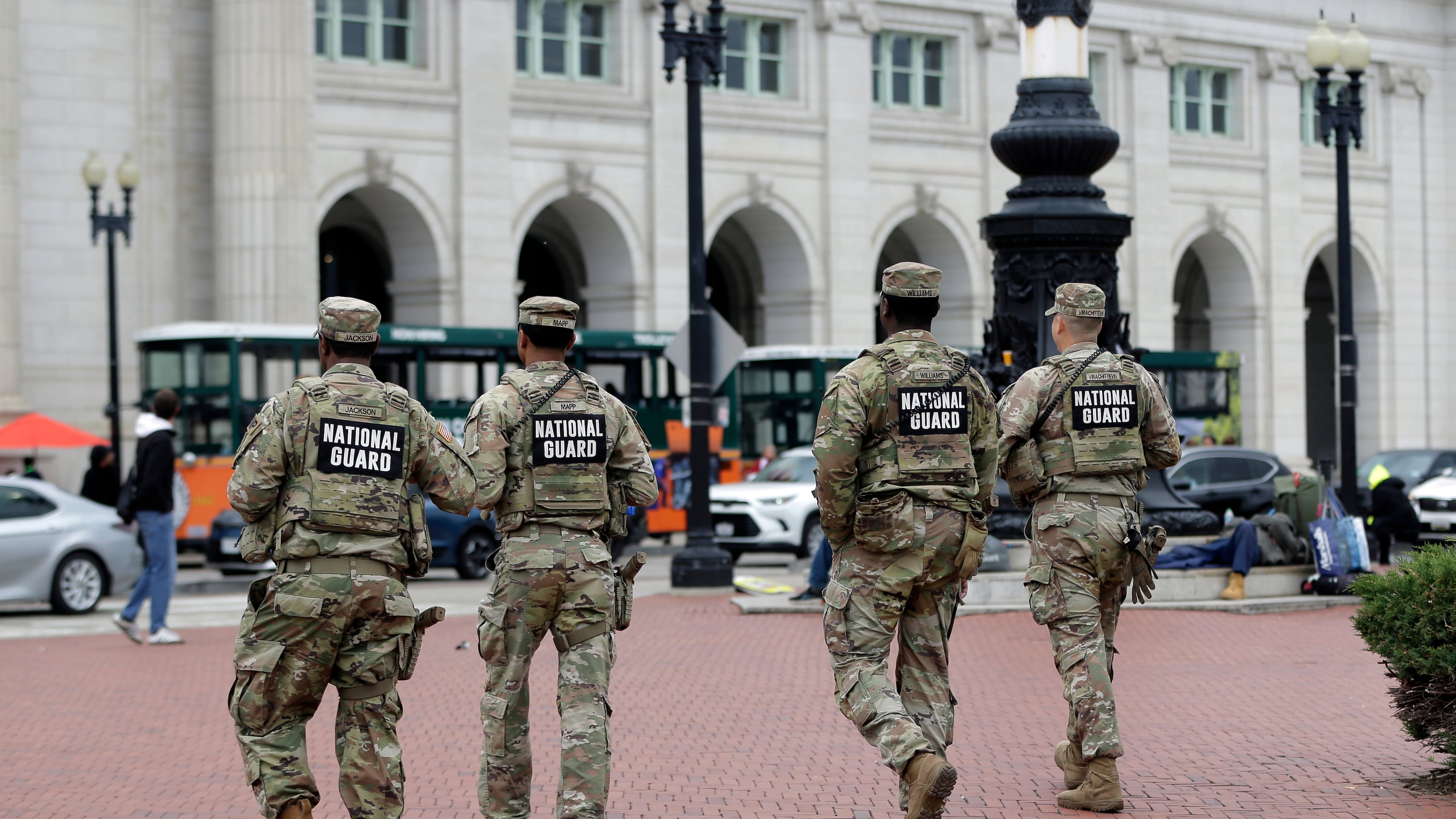 National Guard soldiers patrol at Union Station, Tuesday, Oct. 28, 2025, in Washington. (AP Photo/Rahmat Gul)