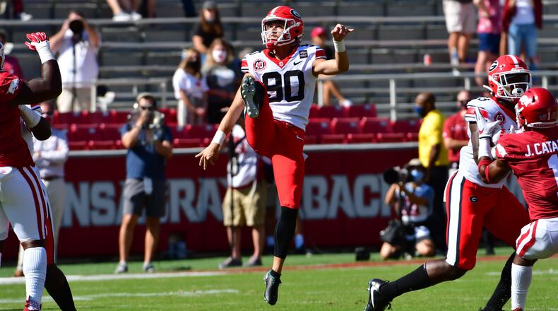 Georgia punter Jake Camarda (90) during the Bulldogs' game with Arkansas in Fayetteville, Ark., on Saturday, Sept. 26, 2020. (Photo by Kevin Snyder)