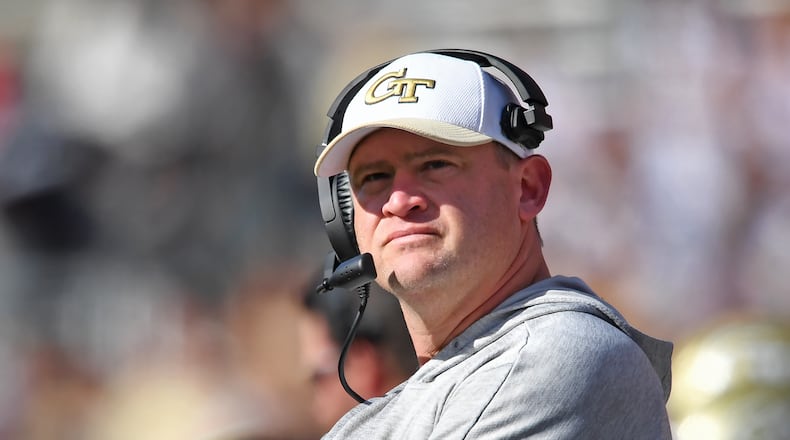 Georgia Tech's interim coach Brent Key watches from the sideline during the second half in an NCAA football game at Sanford Stadium in Athens on Saturday, November 26, 2022. Georgia won 37-14 over Georgia Tech. (Hyosub Shin / Hyosub.Shin@ajc.com)