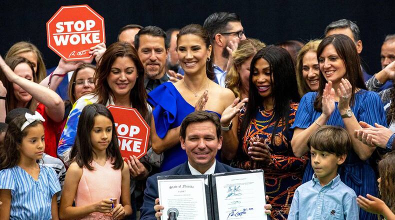 Florida Gov. Ron DeSantis after signing House Bill 7, "Individual Freedom," also dubbed the "stop woke" bill, at Mater Academy Charter Middle/High School in Hialeah Gardens, Fla., on Friday, April 22, 2022. (Daniel A. Varela/Miami Herald/TNS)