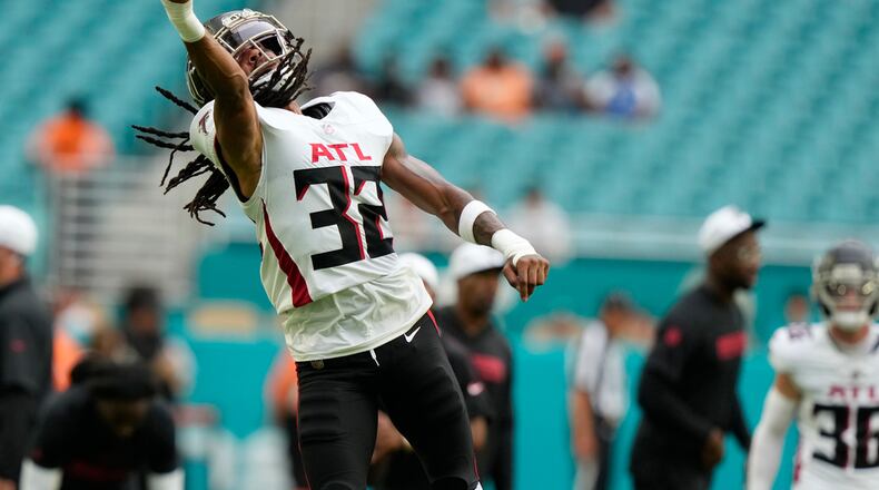 Atlanta Falcons cornerback Kevin King (32) warms up before a pre season NFL football game against the Miami Dolphins, Friday, Aug. 9, 2024, in Miami Gardens, Fla. (AP Photo/Lynne Sladky)