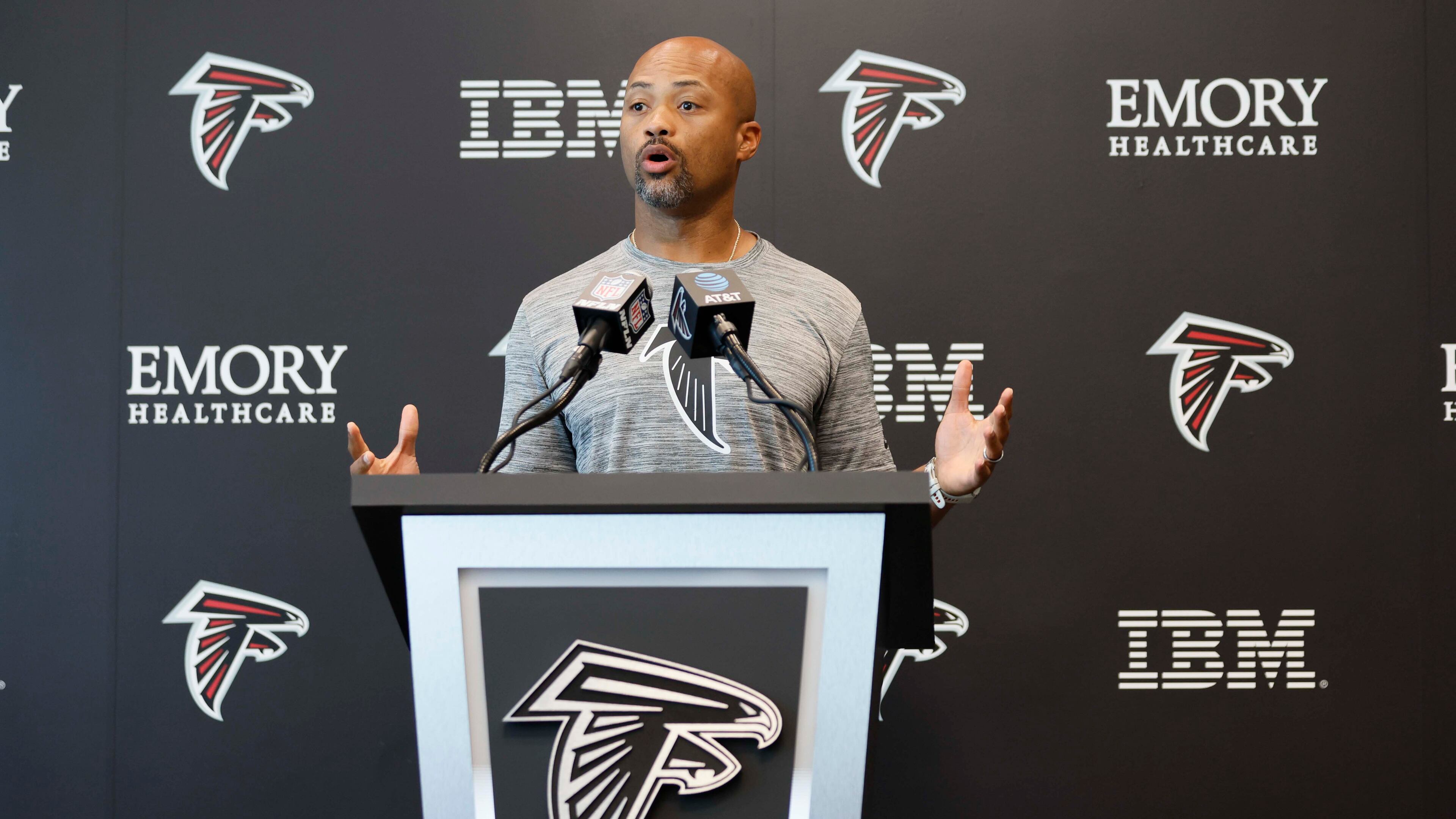 Falcons general manager Terry Fontenot addresses members of the press Sunday, July 27, 2025, in Flowery Branch. Despite gentle prodding from the media, Fontenot declined to weigh in on the contract status of Drake London and Kyle Pitts. (Miguel Martinez/AJC)