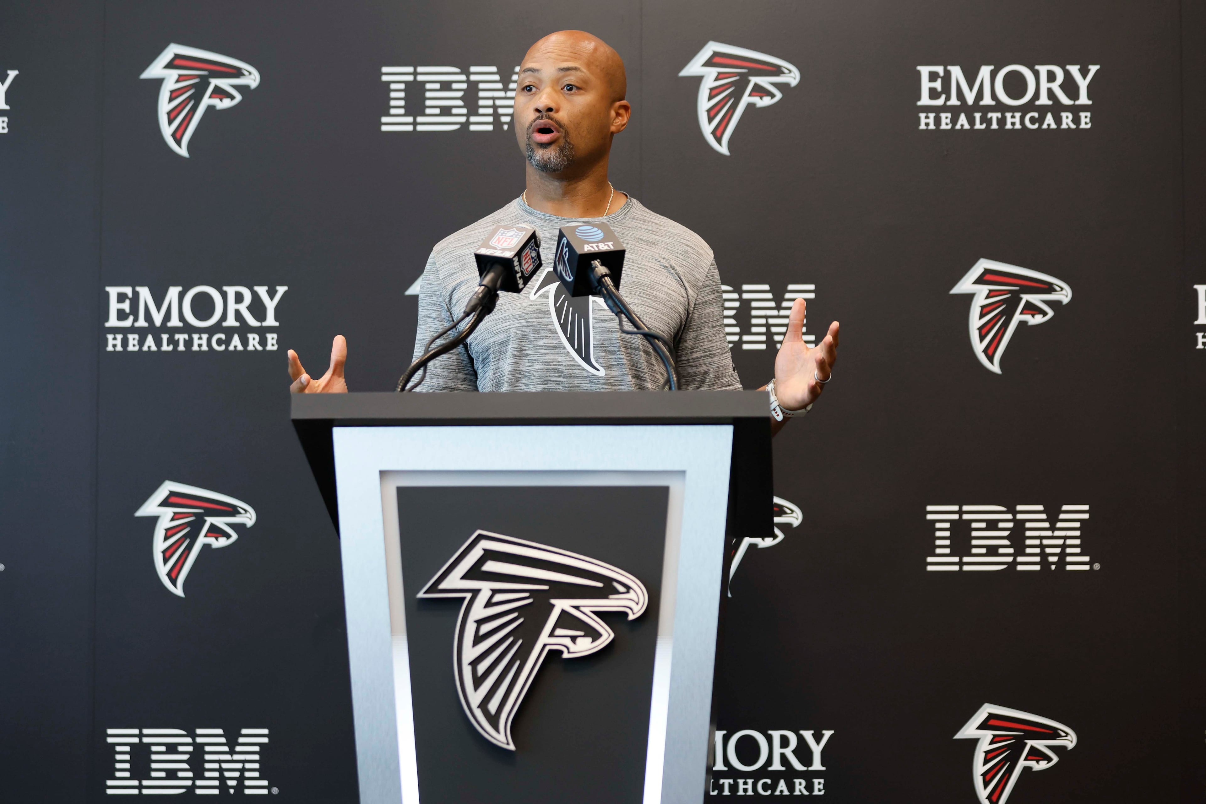 Falcons general manager Terry Fontenot addresses members of the press Sunday, July 27, 2025, in Flowery Branch. Despite gentle prodding from the media, Fontenot declined to weigh in on the contract status of Drake London and Kyle Pitts. (Miguel Martinez/AJC)