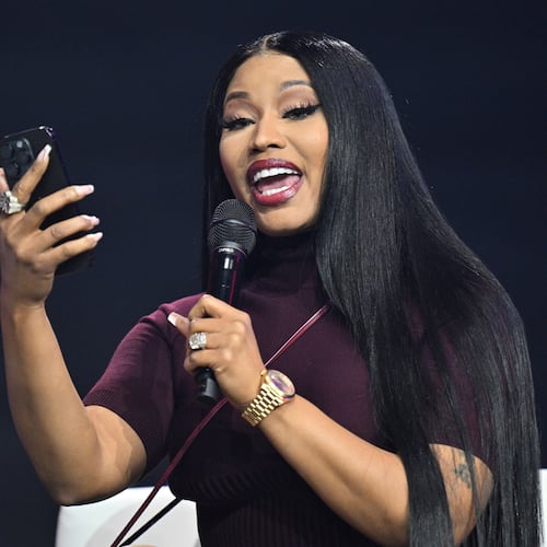 Nicki Minaj speaks during Turning Point USA's AmericaFest 2025, Sunday, Dec. 21, 2025, in Phoenix. (AP Photo/Jon Cherry)