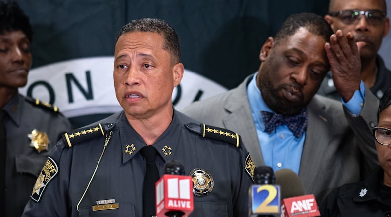 Fulton County Sheriff Patrick Labat shows a shank found inside the county jail as officials gathered to give an update on a fatal stabbing inside the facility, on Friday, April 5, 2024. (Ben Hendren for The Atlanta Journal-Constitution)