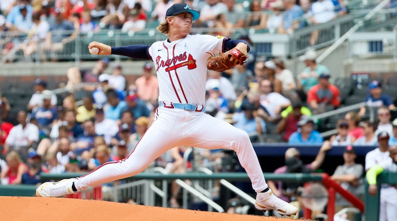 Braves starting Hurston Waldrep throws a pitch to a Tampa Bay Rays batter during MLB home debut in the second inning at Truist Park on Sunday, June 16, 2024, in Atlanta.
(Miguel Martinez/ AJC)