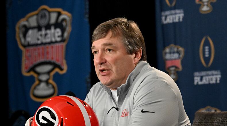 Georgia head coach Kirby Smart takes questions during Georgia media day for Sugar Bowl, Monday, December 30, 2024, in New Orleans, LA. (Hyosub Shin / AJC)
