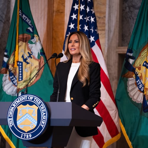 First lady Melania Trump speaks about Trump Accounts for children in foster care at the Department of Treasury, Thursday, June 11, 2026, in Washington. (AP Photo/Allison Robbert)
