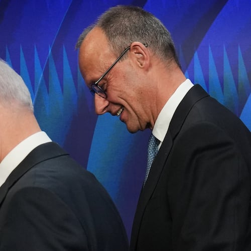 Israeli Prime Minister Benjamin Netanyahu, left, and German Chancellor Friedrich Merz leave the podium following a joint press conference in Jerusalem Sunday, Dec. 7, 2025. (AP Photo/Ariel Schalit, Pool)