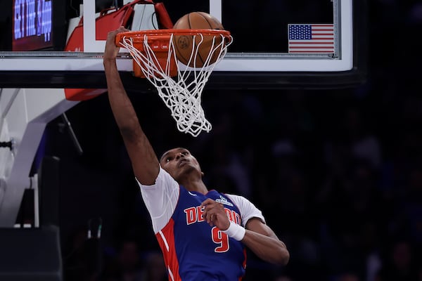 Detroit Pistons forward Ausar Thompson (9) dunks the ball in the second half during Game 5 in an NBA basketball first-round playoff series against the New York Knicks, Tuesday, April 29, 2025, in New York. (AP Photo/Adam Hunger)