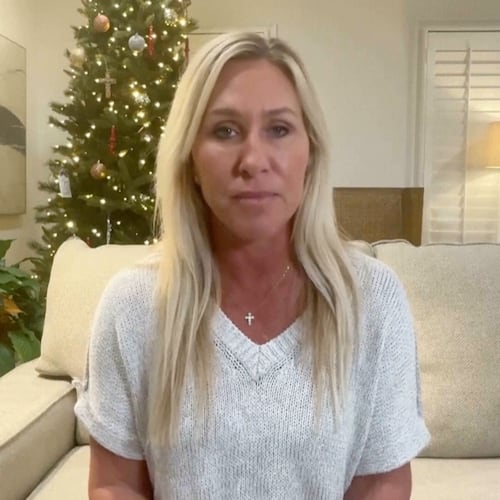 A frame grab from the resignation video that Marjorie Taylor Greene posted on Friday.