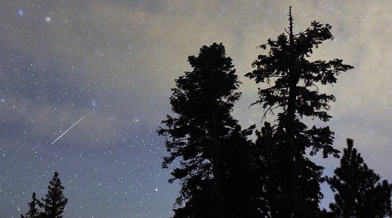 A meteor, similar to one that put on a show in parts of the Southeast over the weekend, streaks across the starry night sky above a grove of pine trees.