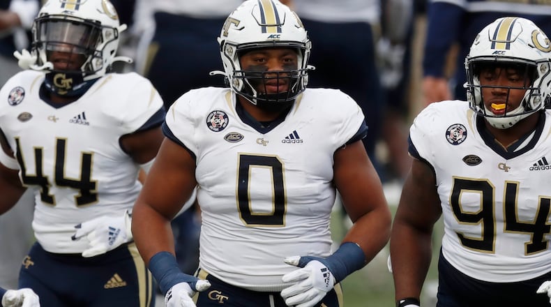 Georgia Tech defensive lineman Djimon Brooks (0) plays against Boston College during Saturday, Oct. 24, 2020, in Boston. (Michael Dwyer/AP)