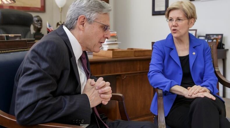Judge Merrick Garland, President Barack Obama’s choice to replace the late Justice Antonin Scalia on the Supreme Court, meets with Sen. Elizabeth Warren, D-Mass., on Capitol Hill in Washington, Thursday, April 14, 2016.  (AP Photo/J. Scott Applewhite)