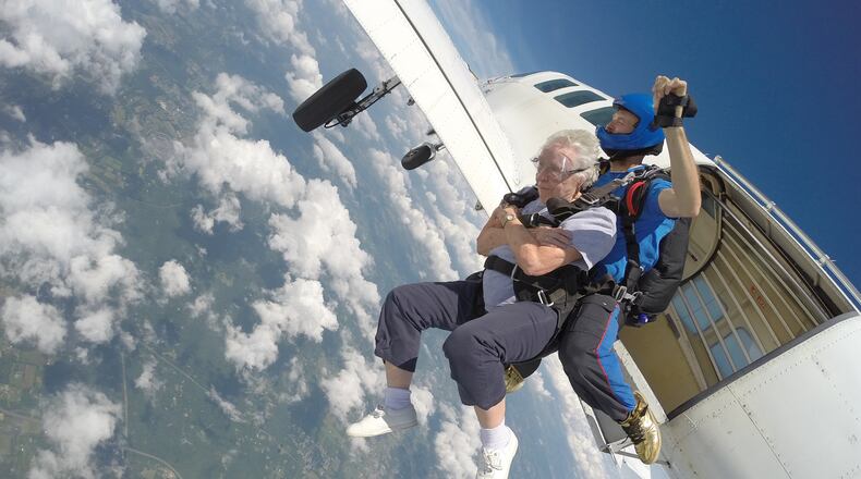 Betty Diem, 84, fulfills a wish on her “bucket list” by skydiving on Monday July 10, 2017, in Perkasie, Pa. Wesley Enhanced Living friend Frances Lock, 85, jumped too. (Skydive Philadelphia)